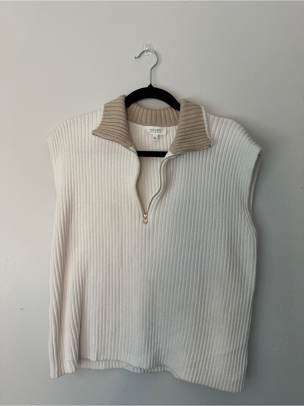 Haven Ribbed Half-Zip Sweater Vest in Cream with Tan Collar